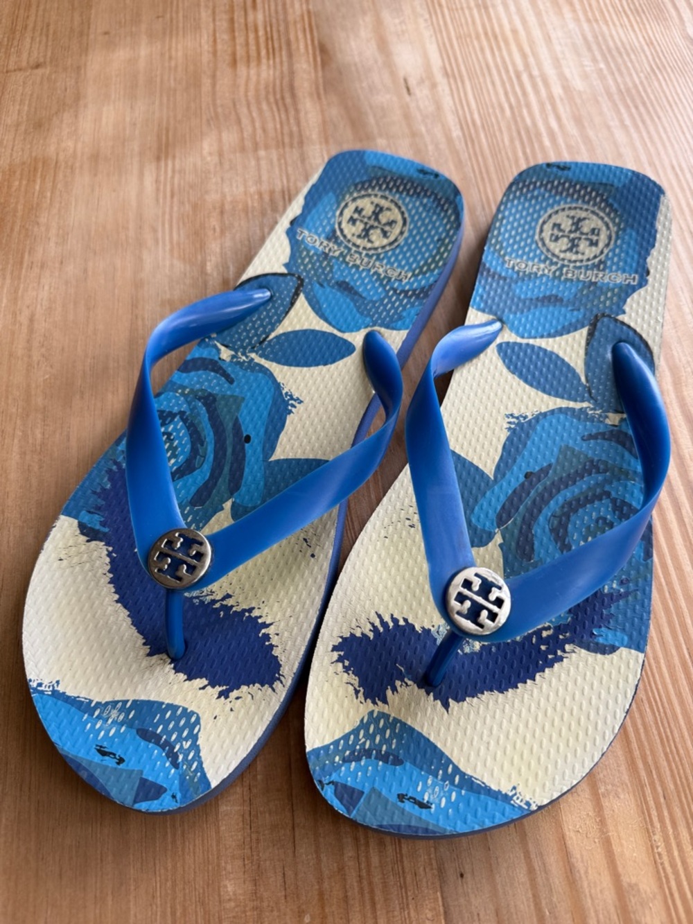 Tory Burch Blue Floral Logo Flip-Flops